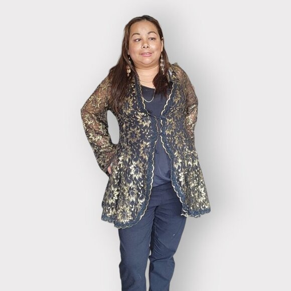 BLACK & GOLD SHINY LACE BLOUSE SIZE L OR XL WITH BELL SLEEVES AND LOOP BUTTON - Picture 2 of 3